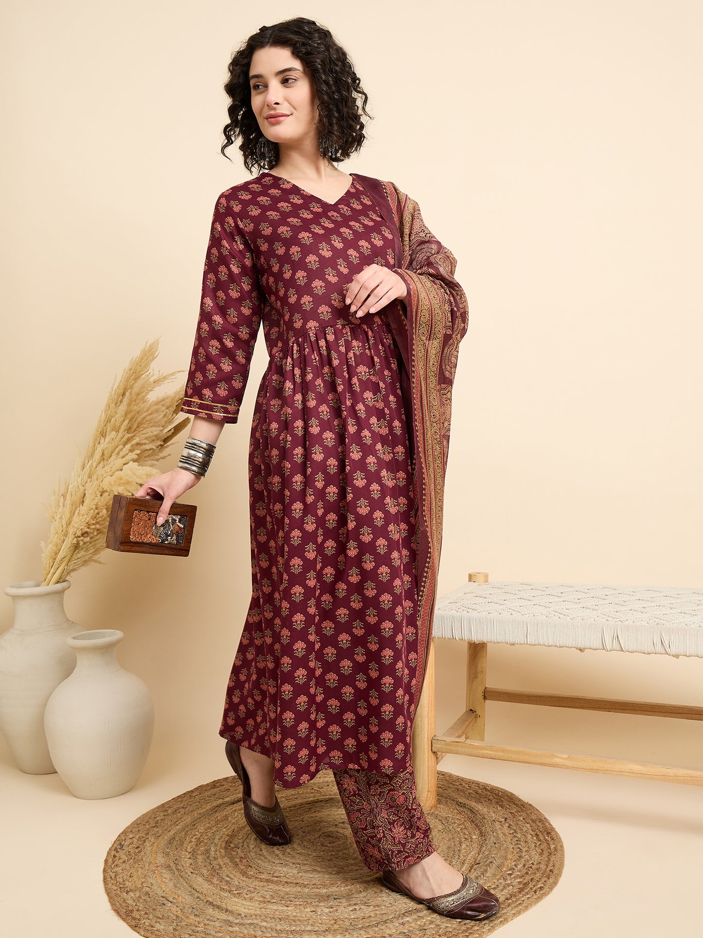 Women Viscose Maroon Anarkali Kurta And Pant Set With Dupatta