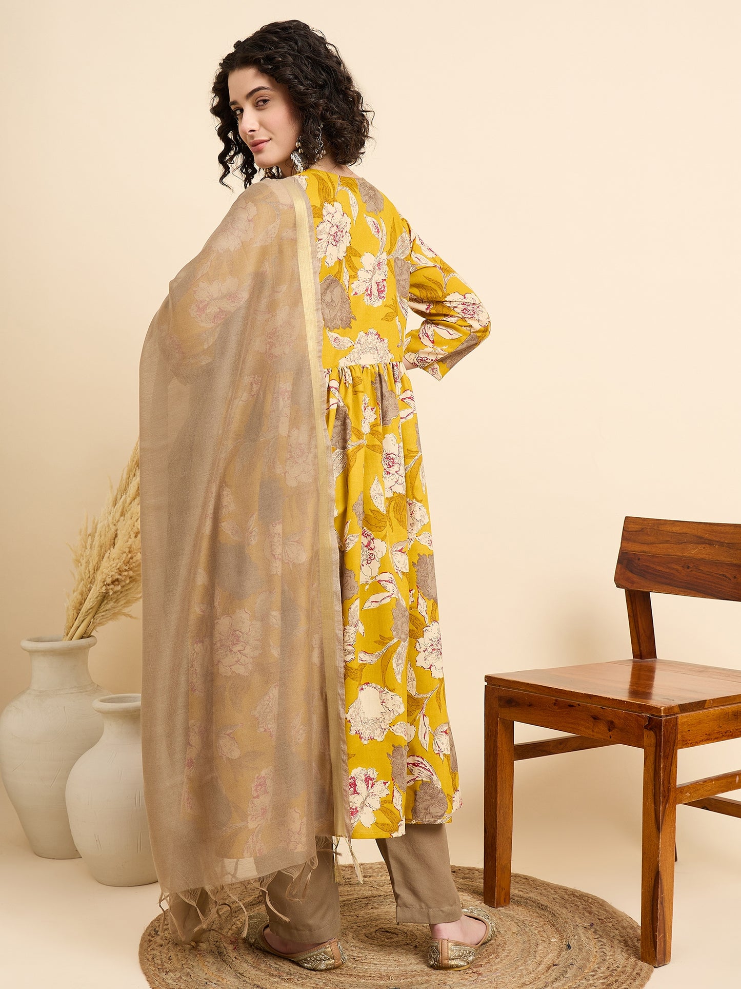 Women Viscose Yellow Anarkali Kurta And Pant Set With Dupatta