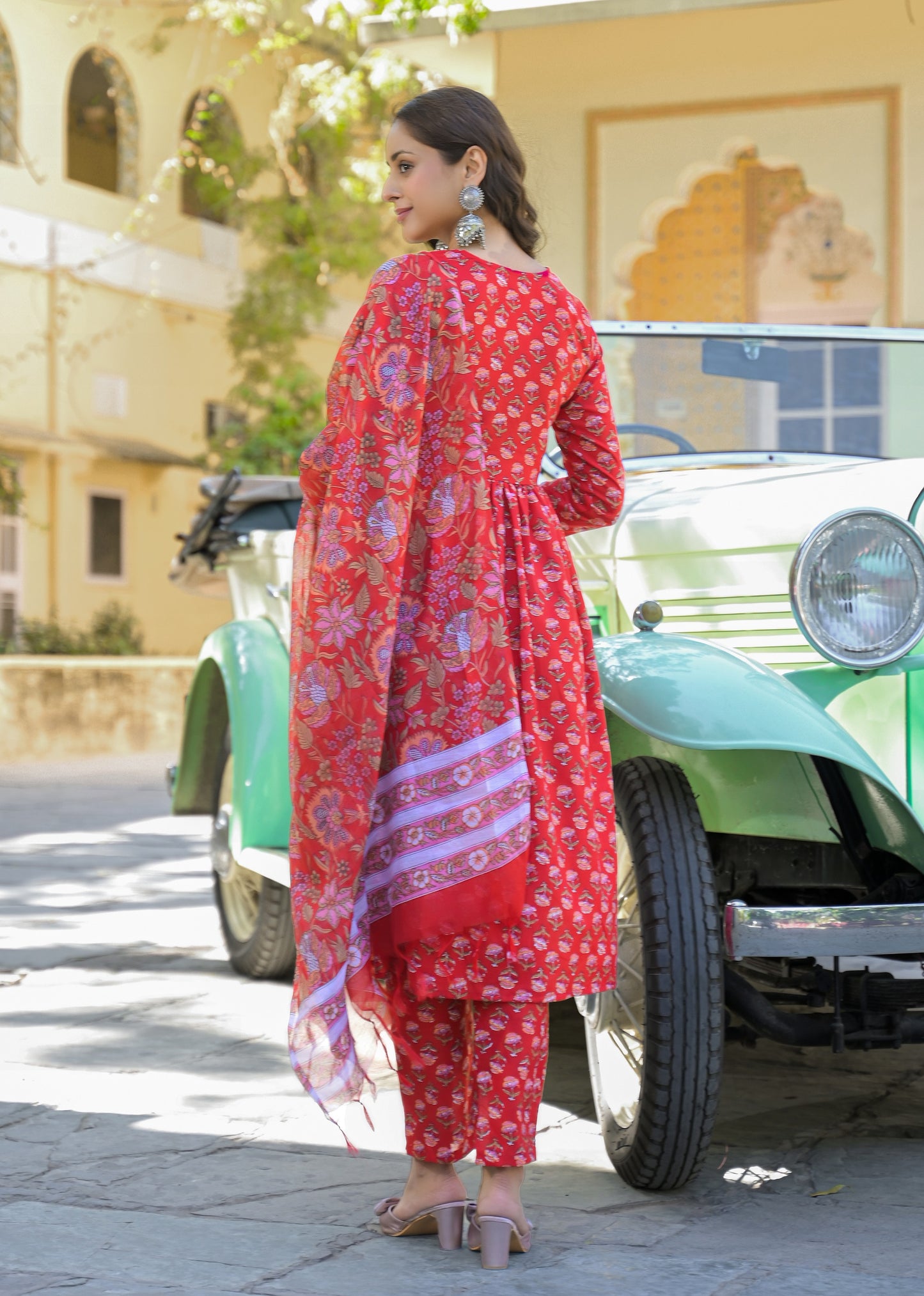 Women Viscose Red Anarkali Kurta And Pant Set With Dupatta