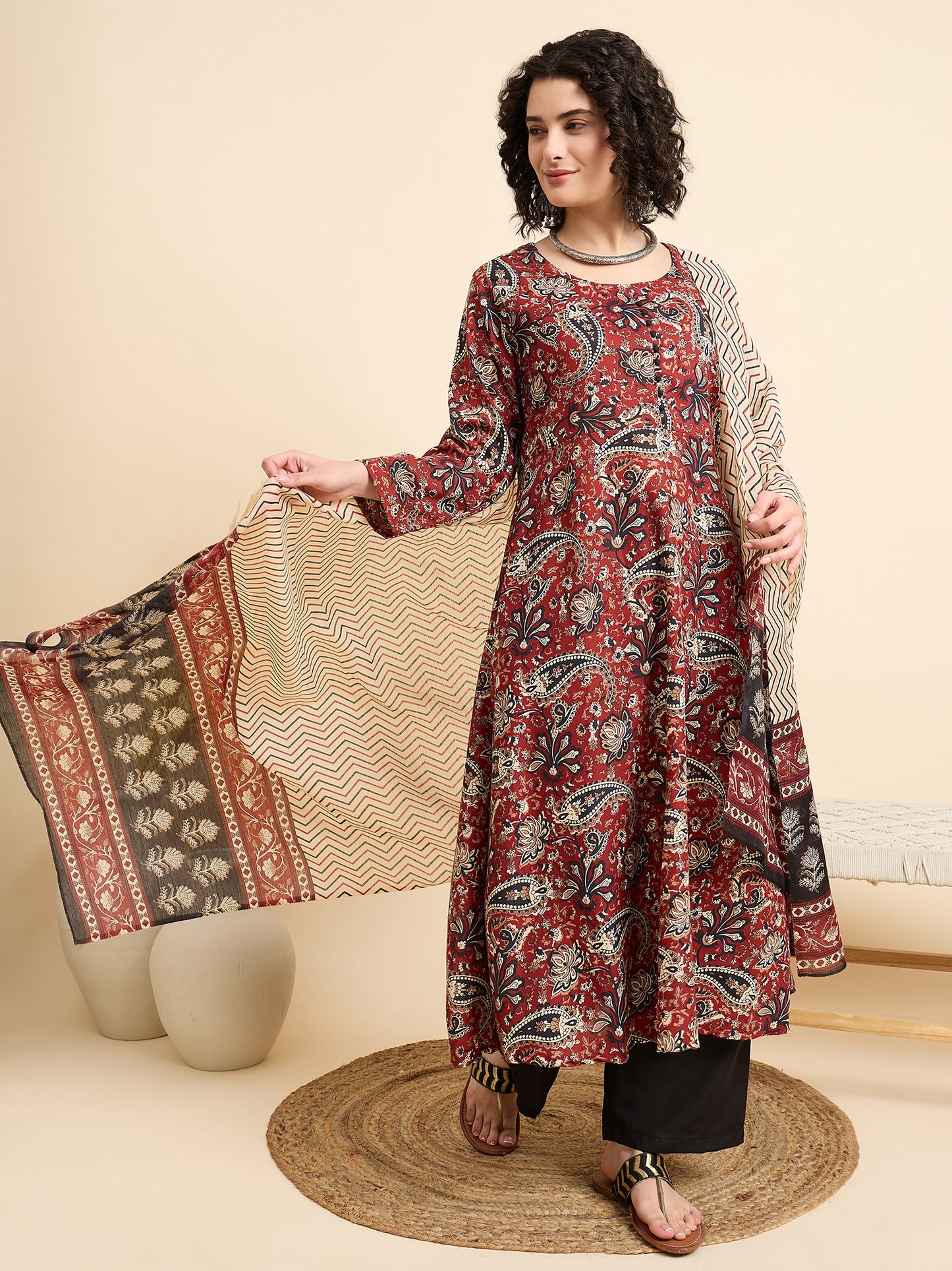 Women Viscose Maroon Anarkali Kurta And Pant Set With Dupatta