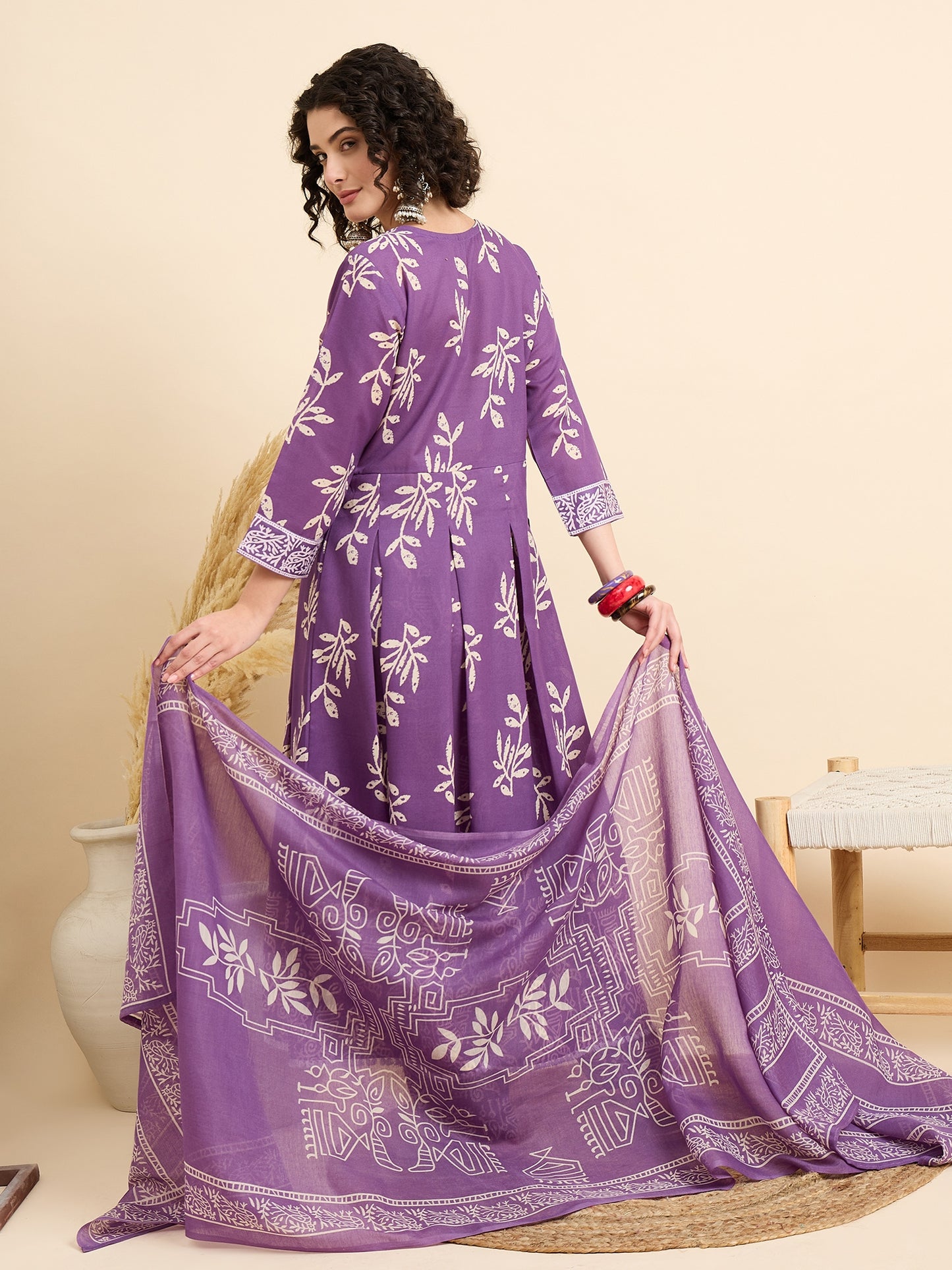 Women Viscose Purple Anarkali Kurta And Pant Set With Dupatta