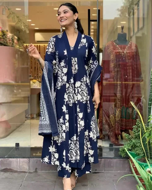 Printed A-Line Blue Kurta and Pant Set With Dupatta