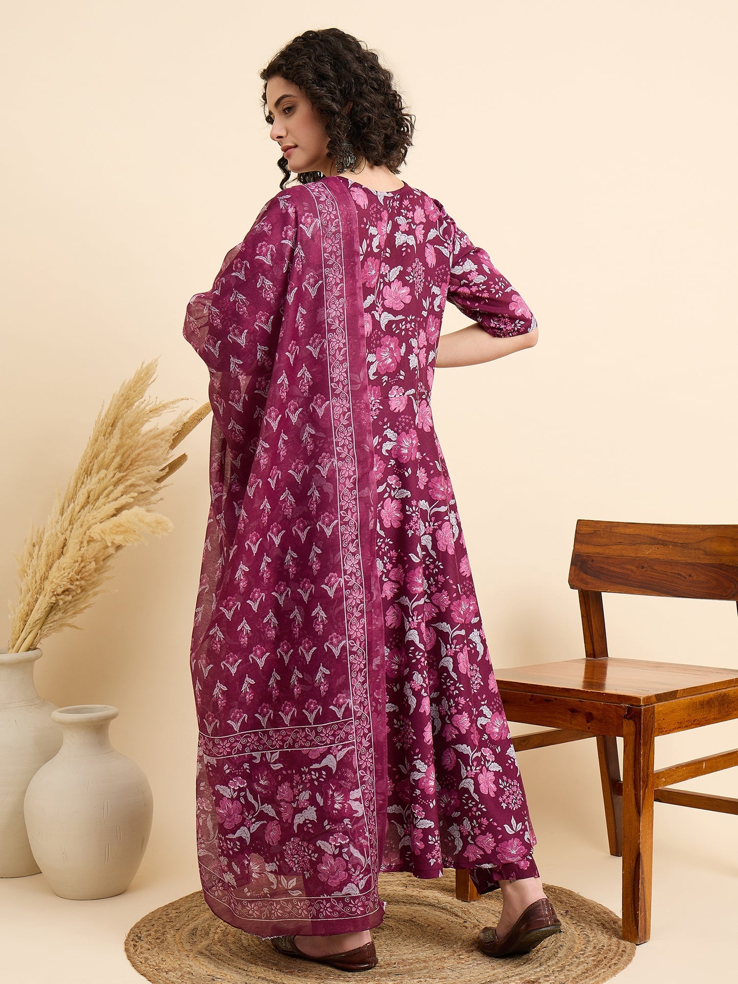 Women Viscose Purple Anarkali Kurta And Pant Set With Dupatta