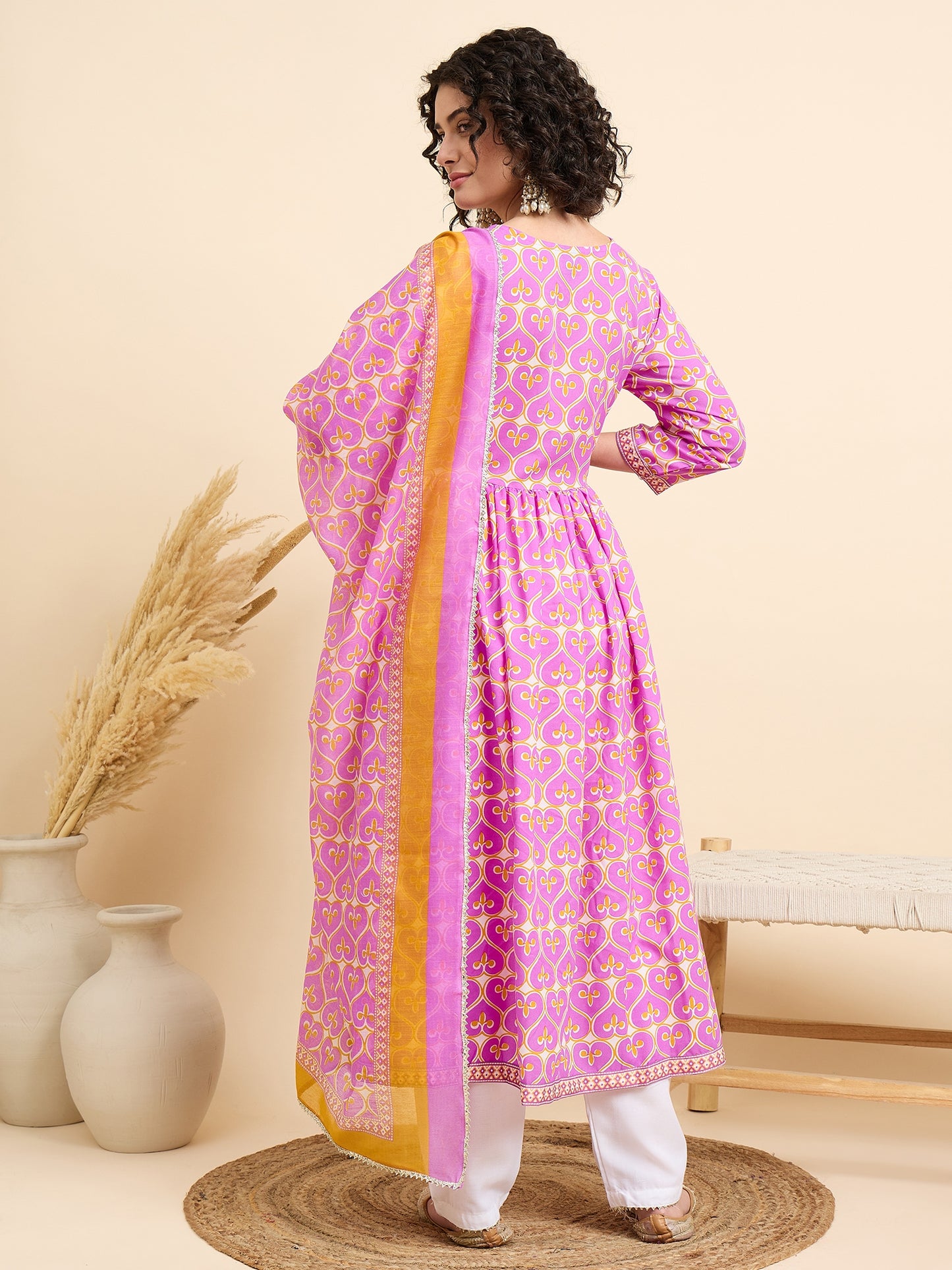Women Viscose Pink Anarkali Kurta And Pant Set With Dupatta