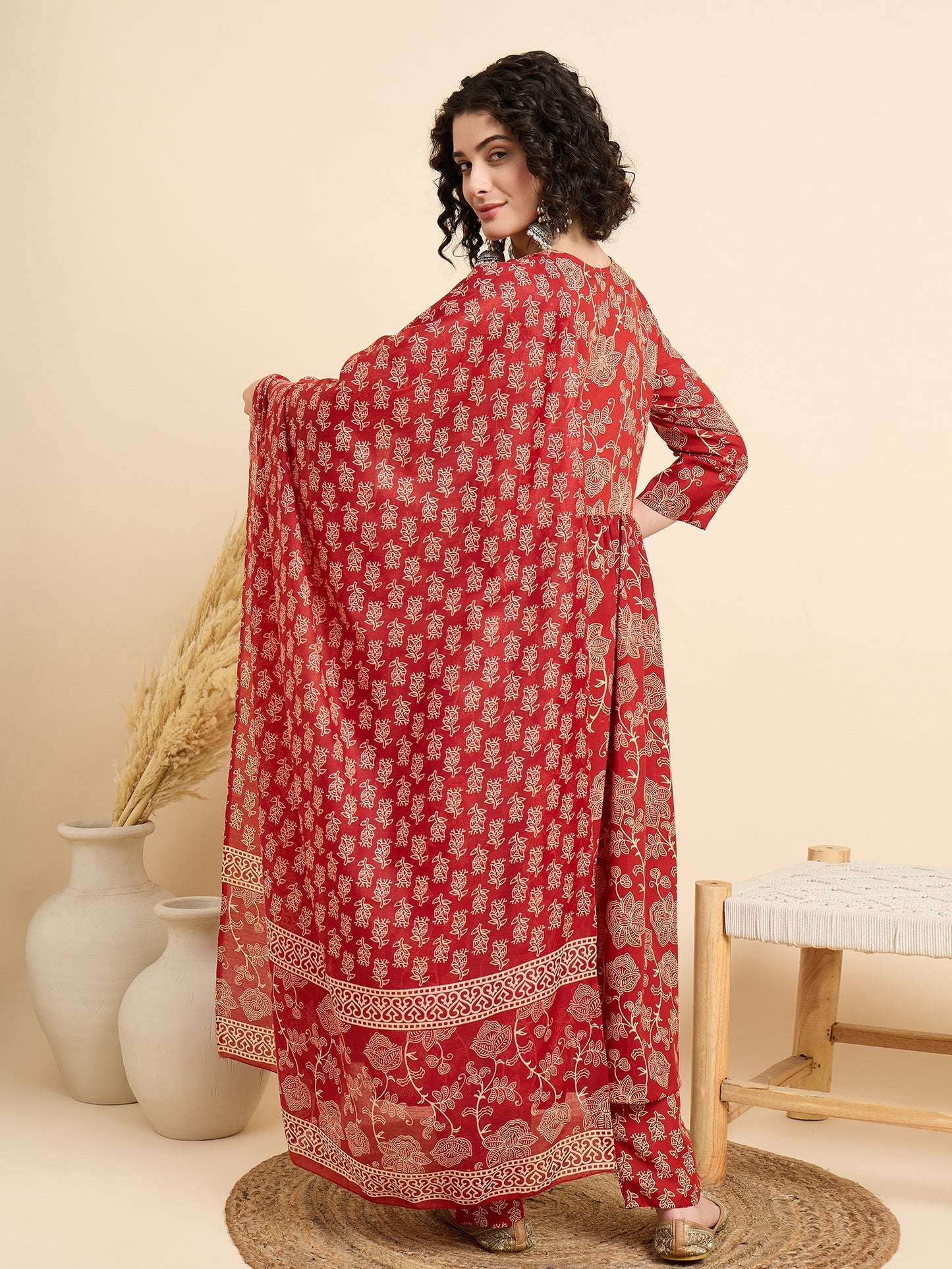 Women Viscose Red Anarkali Kurta And Pant Set With Dupatta