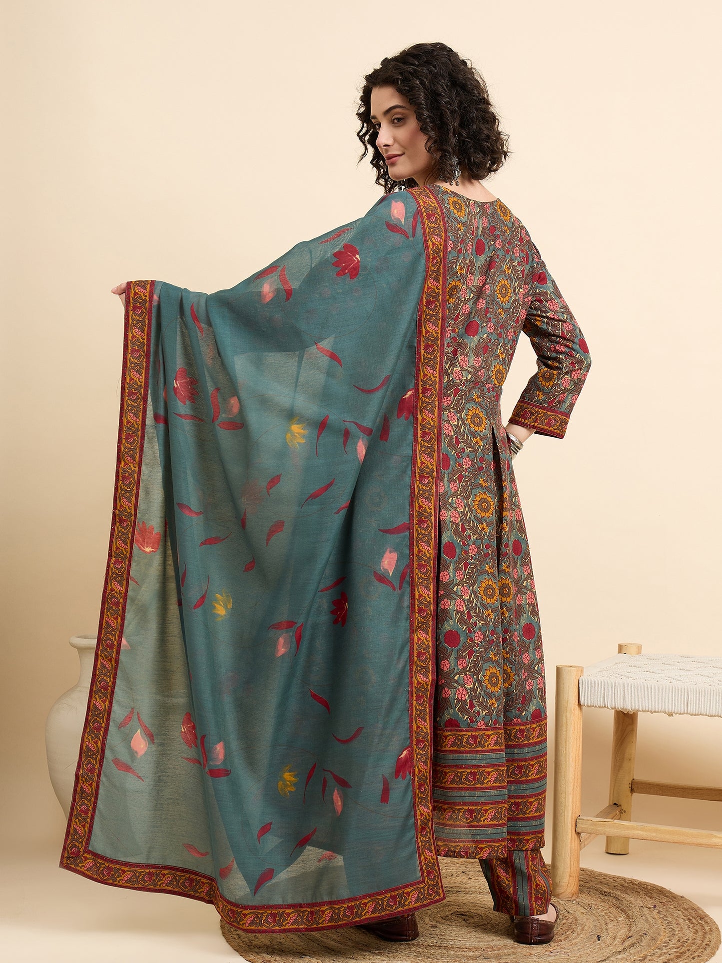 Women Viscose Green Anarkali Kurta And Pant Set With Dupatta