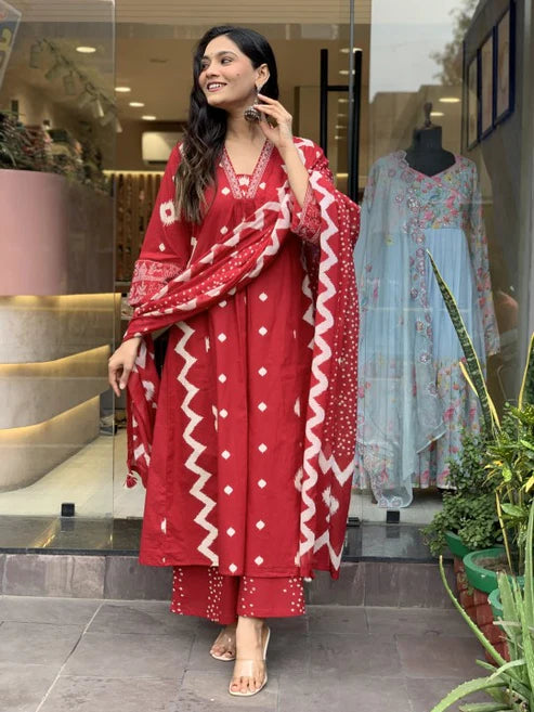 Printed A-Line Red Kurta and Pant Set With Dupatta