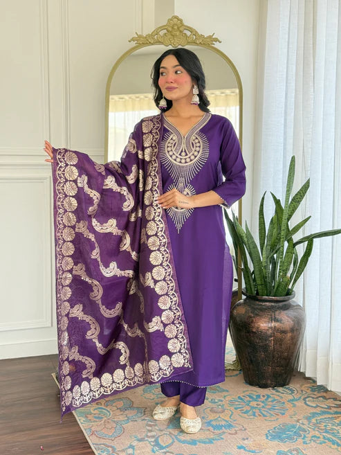 Elegant Solid Embroidered Kurta Set for Women – Festive Wear with Dupatta