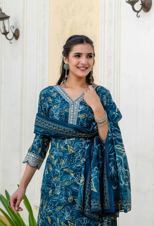 Printed Straight Kurta and Pant set with Dupatta