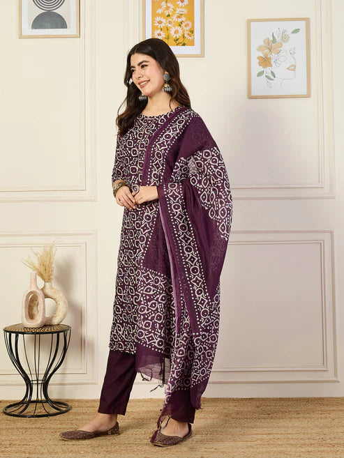 Printed Straight Kurta and Pant Set With Dupatta