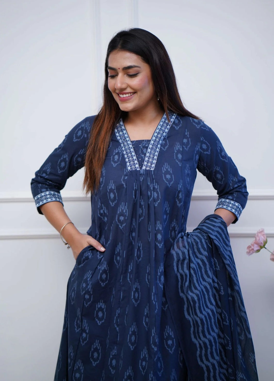 Women Blue Anarkali Kurta And Pant Set With Dupatta