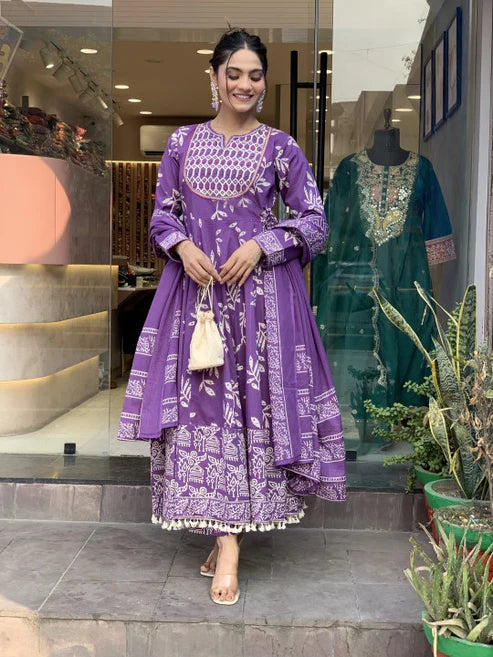 Printed Anarkali Purple Kurta and Pant Set With Dupatta
