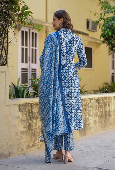 Printed A-Line Blue Kurta And Pant Set With Dupatta