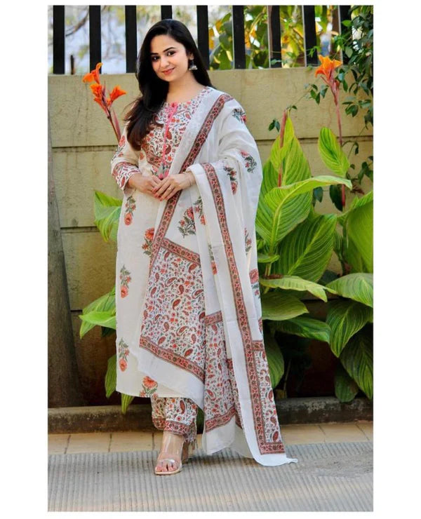 Ethnic Set Women Block Printed Kurta and Pant Set with Dupatta