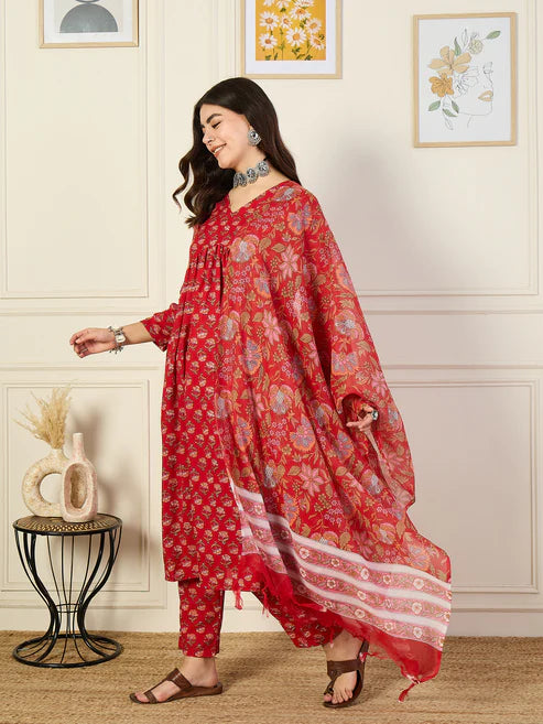 Printed Anarkali Red Kurta and Pant Set With Dupatta