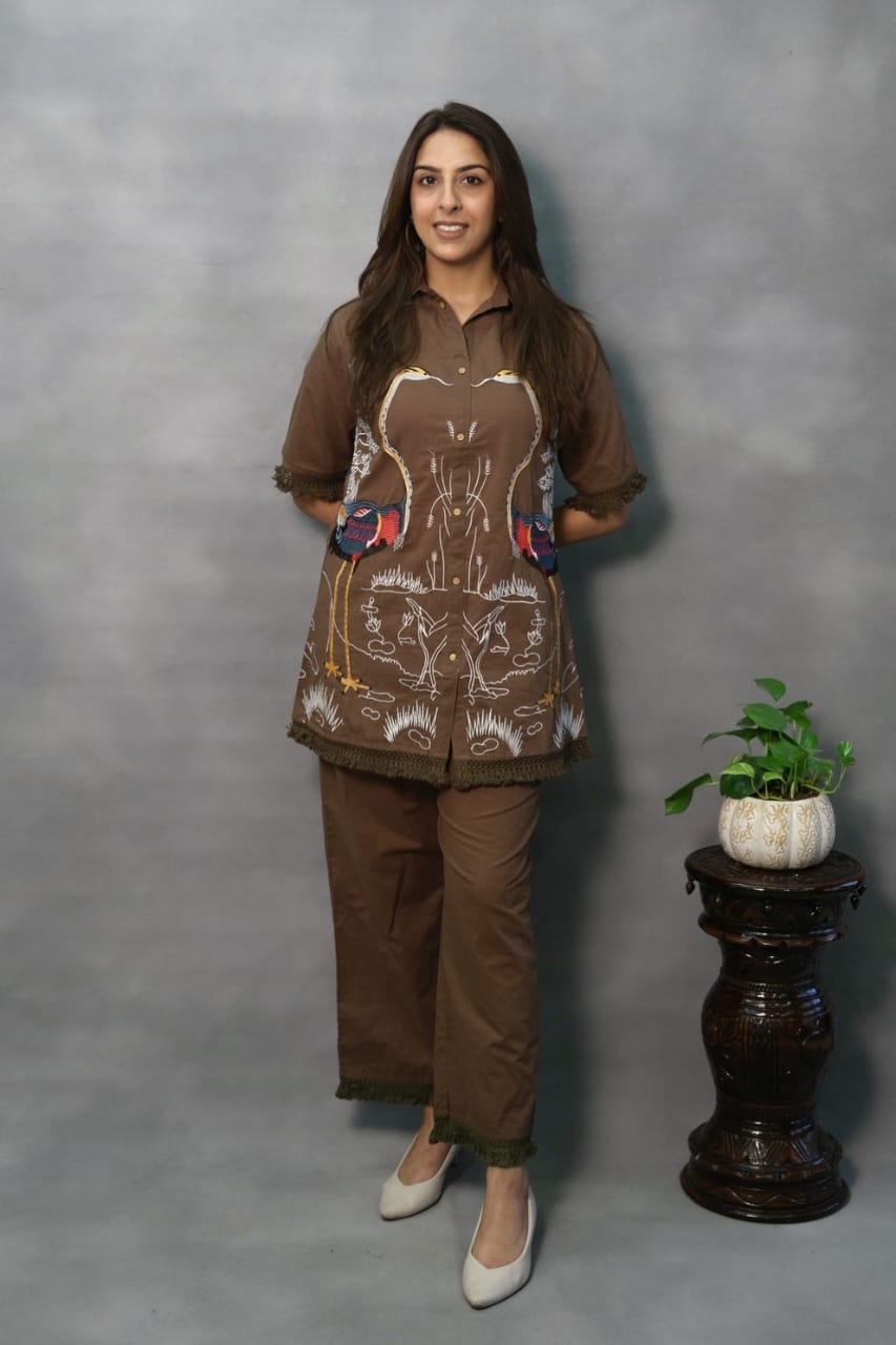 Flamingo Embroider Cotton Brown Coord set