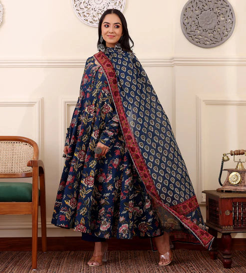 Printed Anarkali Blue Kurta and Pant Set With Dupatta