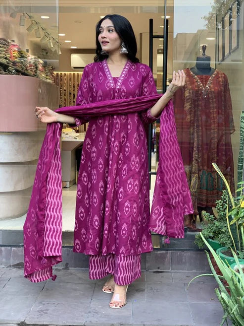 Printed A-Line Pink Kurta and Pant Set With Dupatta