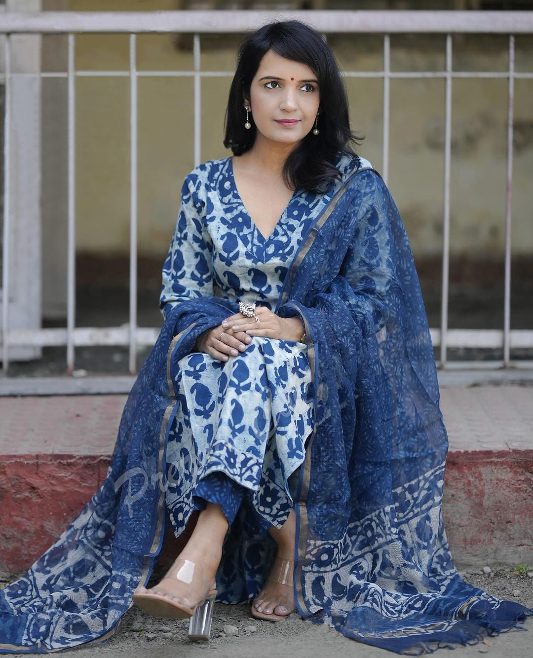 Women Blue Straight Kurta And Pant Set With Dupatta