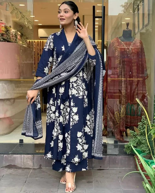 Printed A-Line Blue Kurta and Pant Set With Dupatta