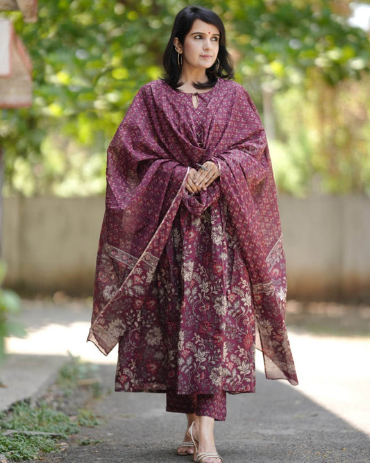 Women Viscose Maroon Anarkali Kurta And Pant Set With Dupatta