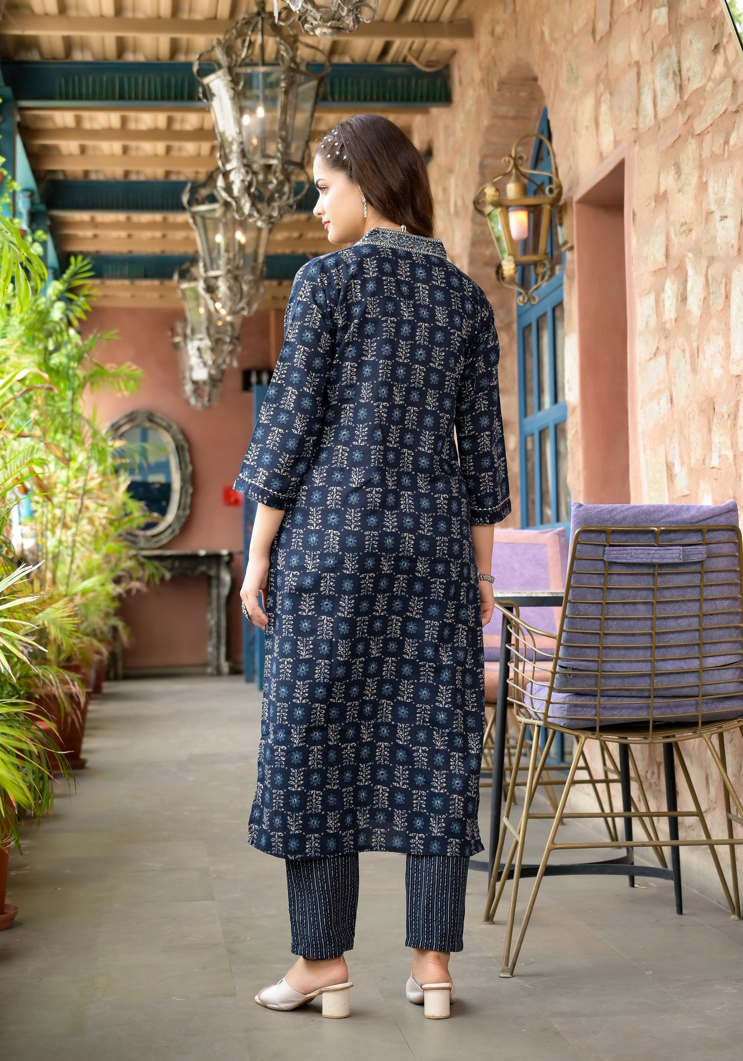 Women Navy Blue Embroidery Viscose Rayon Kurta, Pant And Dupatta Set