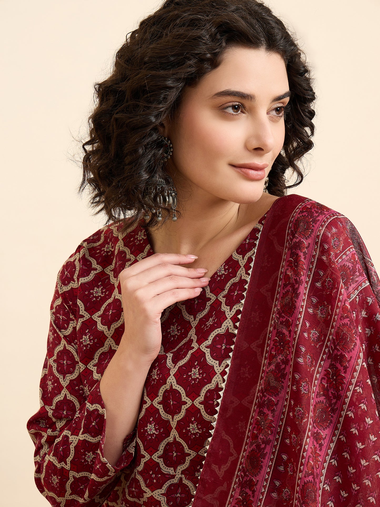 Women Viscose Maroon A-Line Kurta And Pant Set With Dupatta