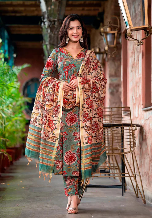 Printed Straight Kurta and Pant set with Dupatta