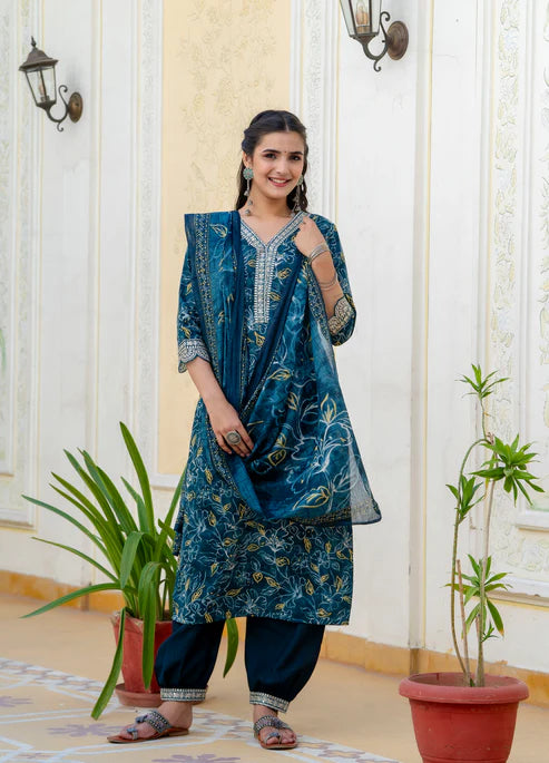 Printed Straight Kurta and Pant set with Dupatta