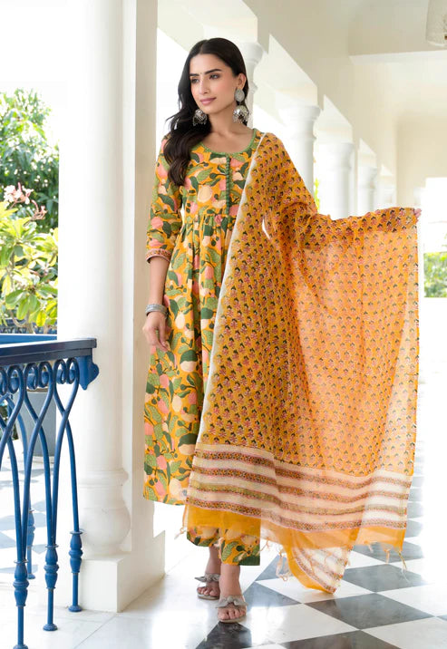 Yellow Floral Printed Anarkali Kurta and Pant Set With Dupatta