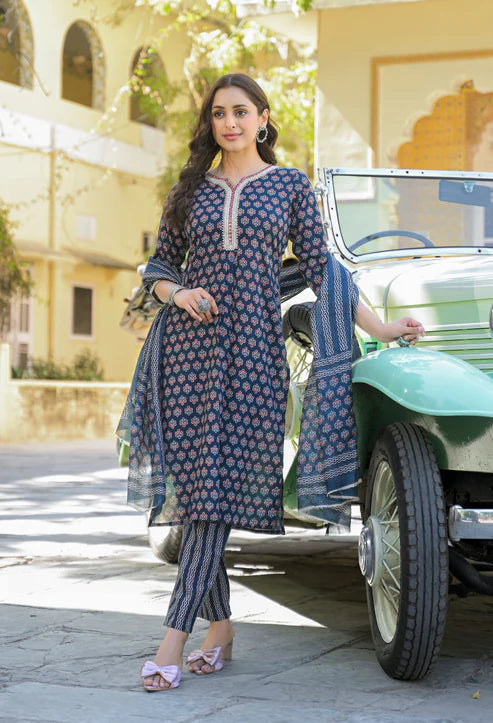 Printed Straight Blue Kurta And Pant Set With Dupatta