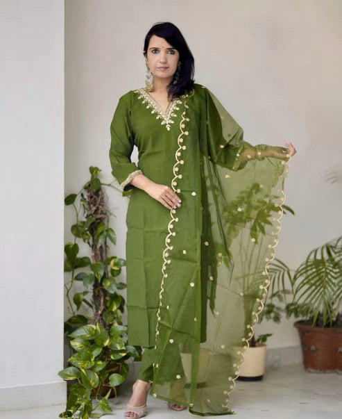 Embroidered Straight Kurta And Pant Set With Dupatta