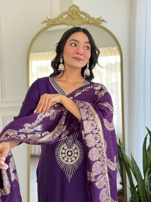 Elegant Solid Embroidered Kurta Set for Women – Festive Wear with Dupatta