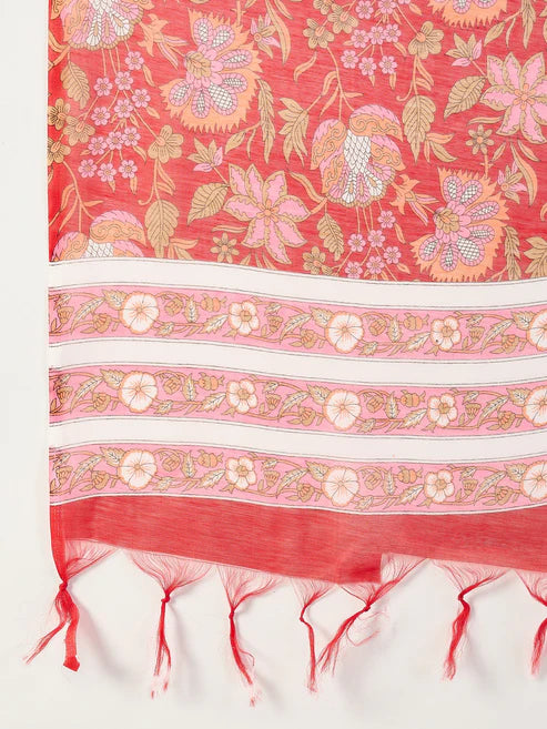 Printed Anarkali Red Kurta and Pant Set With Dupatta