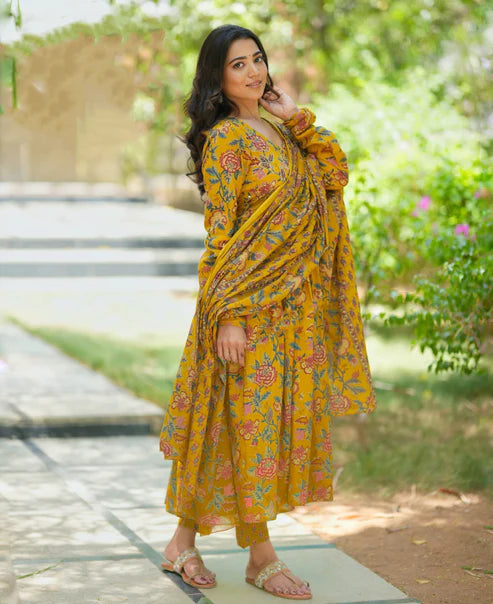 Printed Floral Anarkali Yellow Kurta and Pant Set With Dupatta