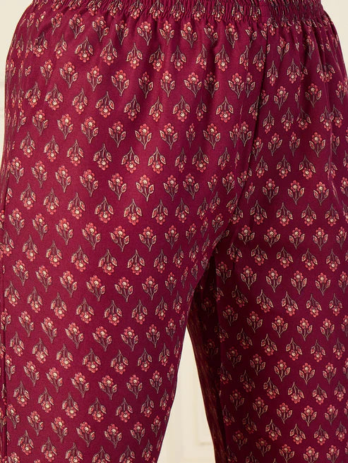 Floral Printed Anarkali Maroon Kurta and Pant Set With Dupatta