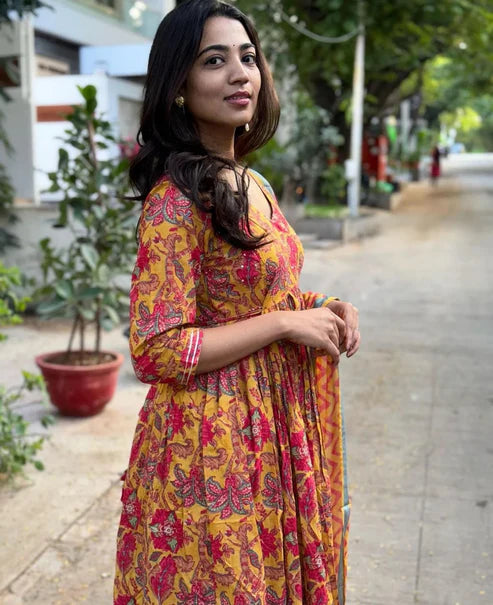 Floral Printed Anarkali Yellow Kurta And Pant Set With Dupatta