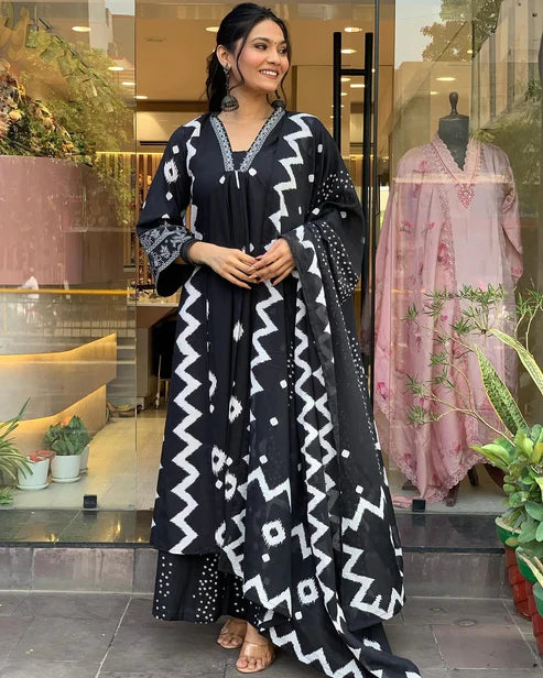 Printed A-Line Black Kurta and Pant Set With Dupatta