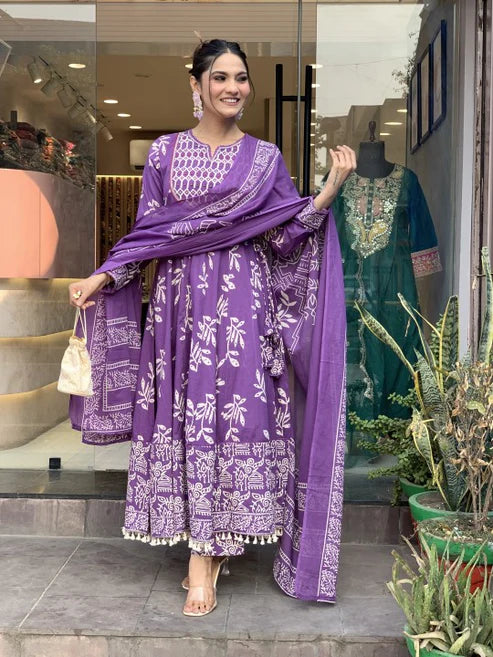 Printed Anarkali Purple Kurta and Pant Set With Dupatta