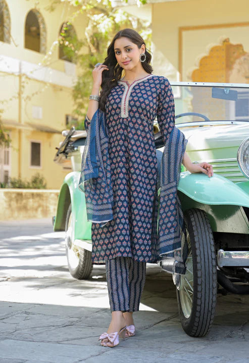 Printed Straight Blue Kurta And Pant Set With Dupatta