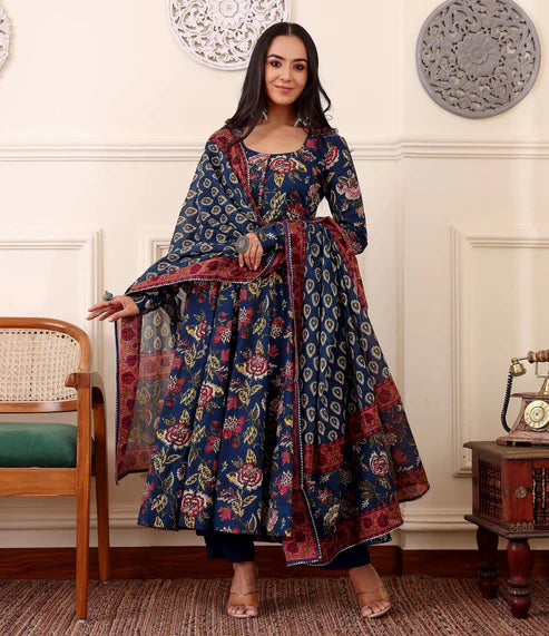 Printed Anarkali Blue Kurta and Pant Set With Dupatta