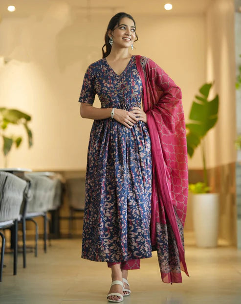 Women Floral Anarkali Printed Kurta and Pant Set With Dupatta