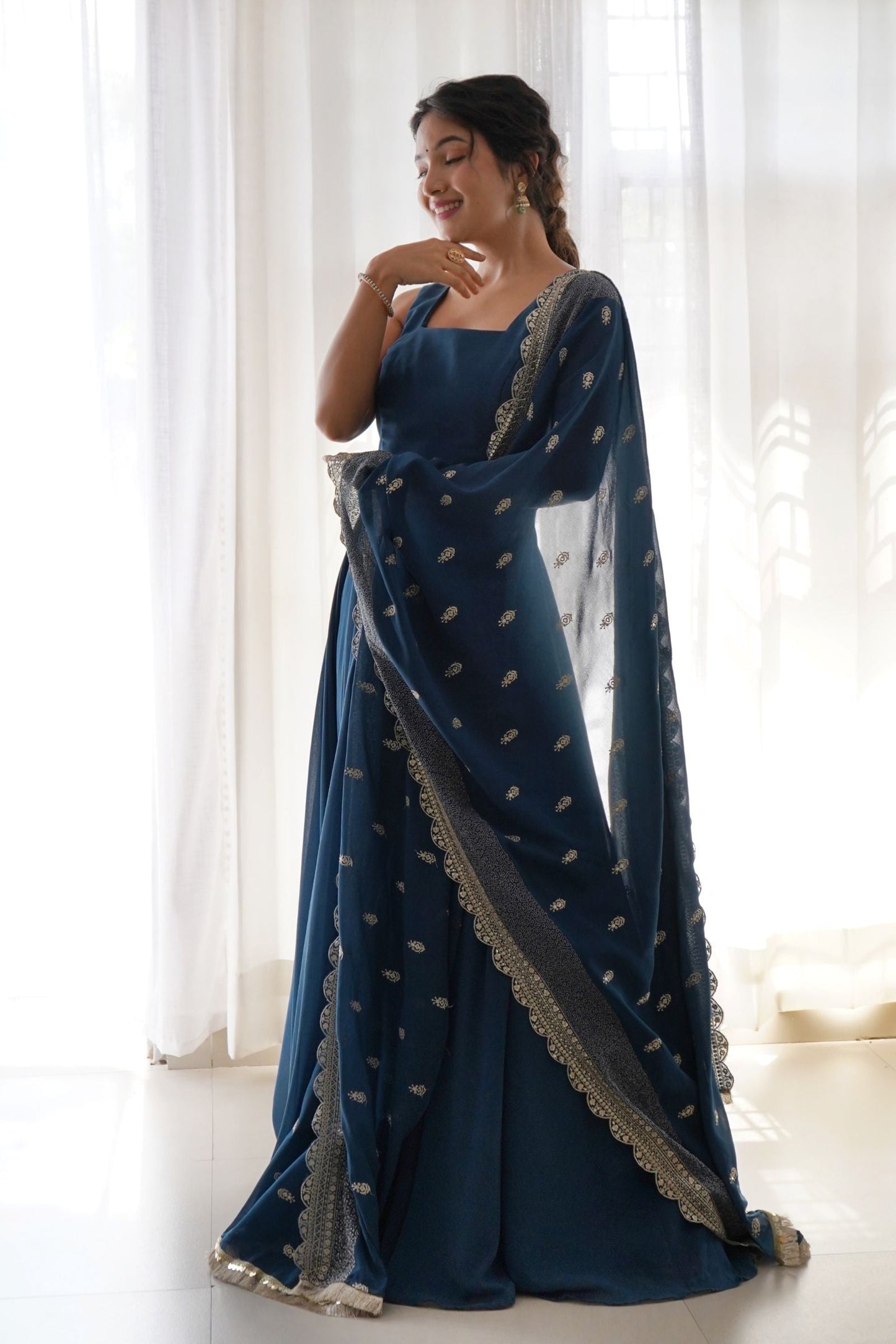 Solid Georgette Stitched Anarkali Gown With Dupatta
