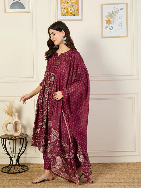 Floral Printed Anarkali Maroon Kurta and Pant Set With Dupatta