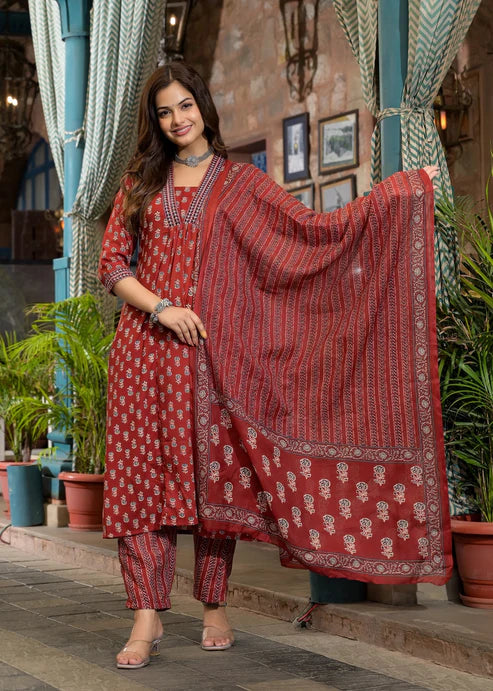 Embroidery A-Line Kurta and Pant set with Dupatta