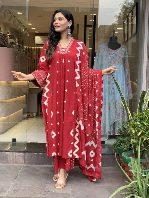 Printed A-Line Red Kurta and Pant Set With Dupatta