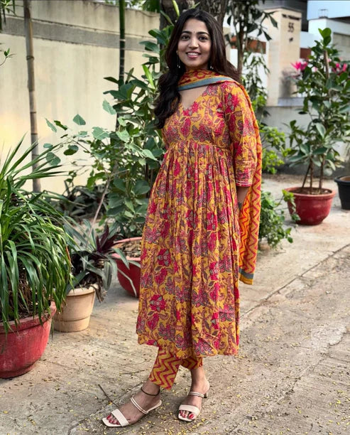 Floral Printed Anarkali Yellow Kurta And Pant Set With Dupatta