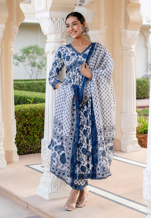 Kalamkari Printed Anarkali Kurta and Pant Set With Dupatta