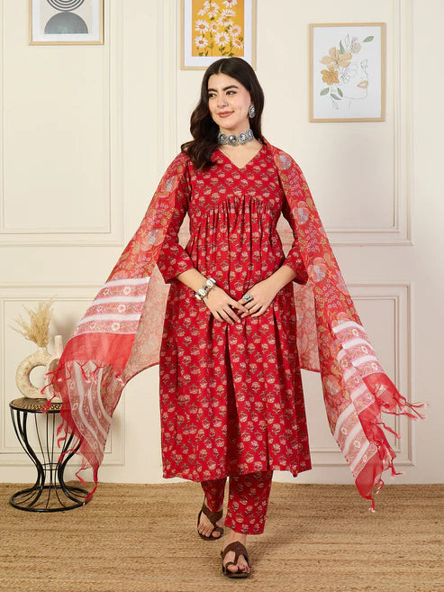 Printed Anarkali Red Kurta and Pant Set With Dupatta
