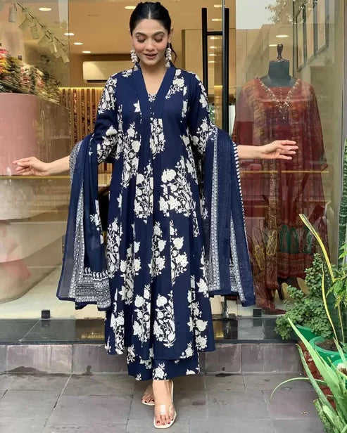 Printed A-Line Blue Kurta and Pant Set With Dupatta